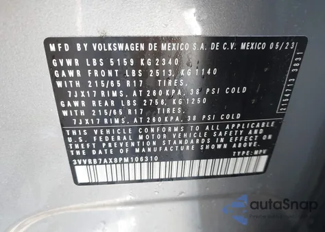 2023 Volkswagen Tiguan 2.0T S z USA, uszkodzony, nr VIN 3VVRB7AX8PM106310